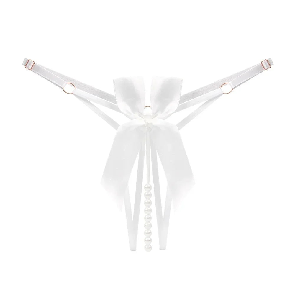 Bellvian white pearl thong with satin bow detailing and elegant pearl strands, created for brides searching for bridal lingerie, honeymoon underwear and wedding night lingerie, making a beautiful and romantic gift for a bride or newlywed wife.