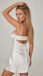 Side back angle of Bellvian white underwired satin dress, alluring cut out back slip dress, tight fitting short silk lounge clothing, sexy birthday gifts for wife.