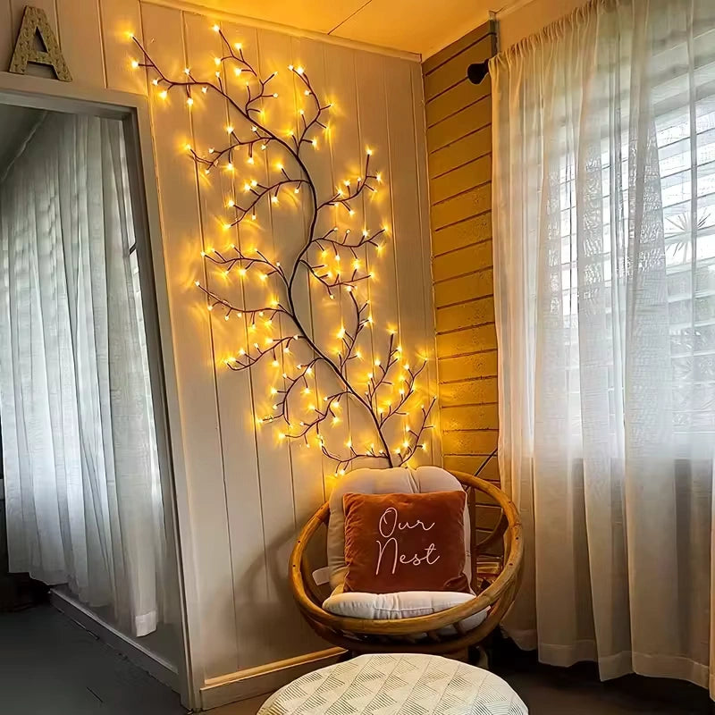 Bellvian 2.3M Willow Vine Light illuminating a cozy reading corner with warm white LED fairy lights, perfect for wall decoration and ambient home lighting.