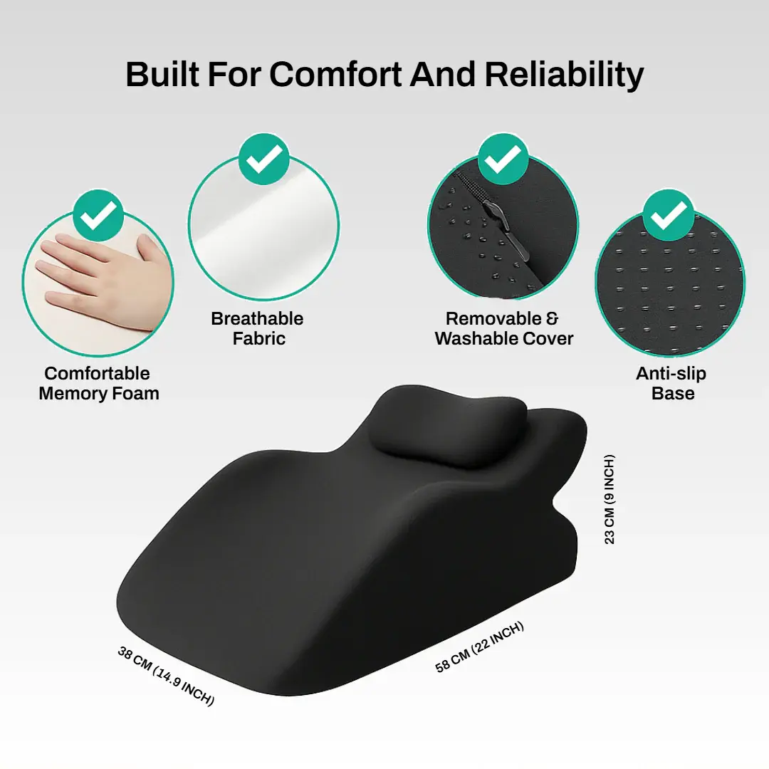 Bellvian™Features of the orthopedic pillow including breathable fabric, non-slip base, and high-density memory foam.