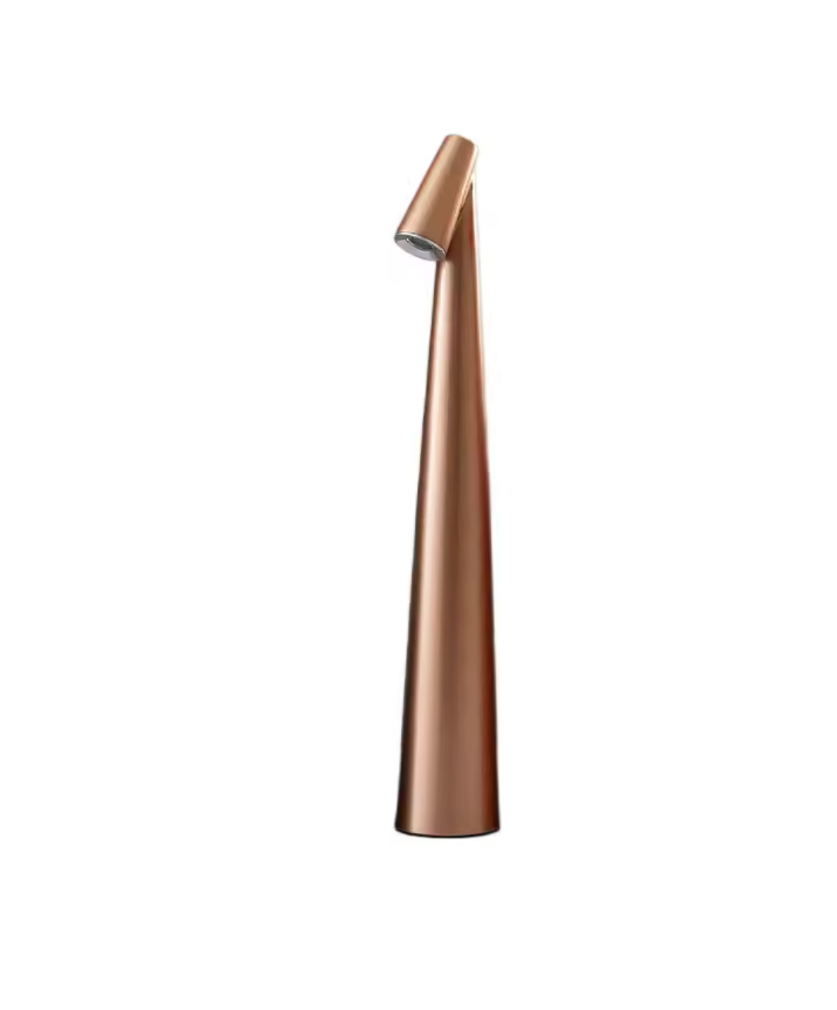 Sleek bronze metallic LED table lamp with a tall, conical minimalist design and angled head, displayed on a clean white background  perfect for modern interior aesthetics.
