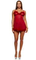 Bare It All Mesh Marabou Babydoll Lingerie Set - Wine