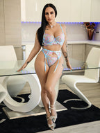 Blue Floral Embroidery Pearl Chain Lingerie Set