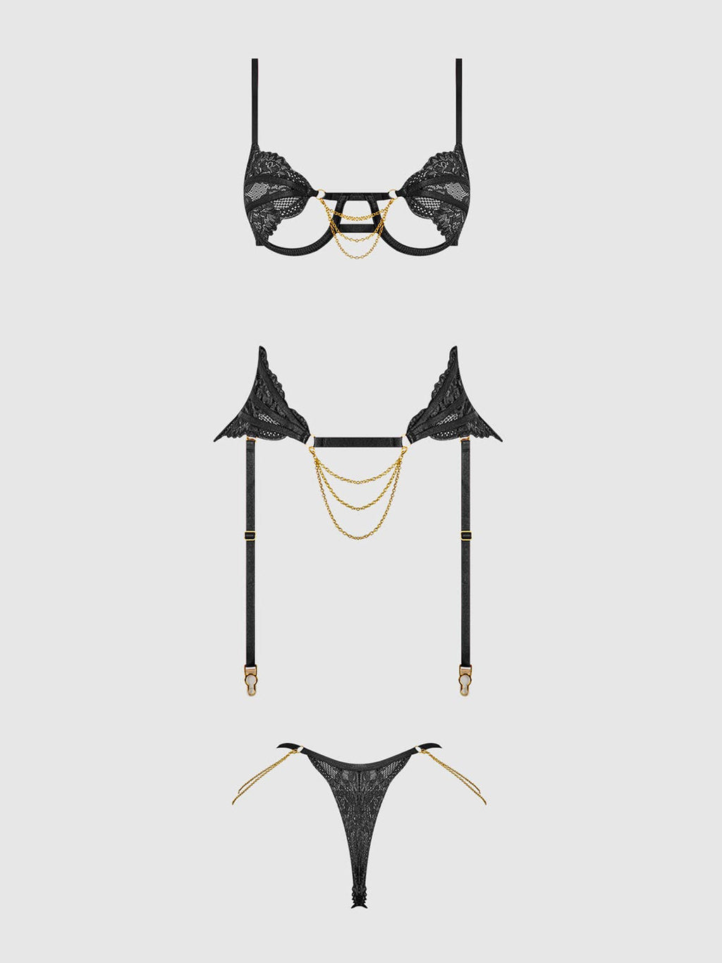 Cecily Lace & Chain Bra, Garter & G-String Set