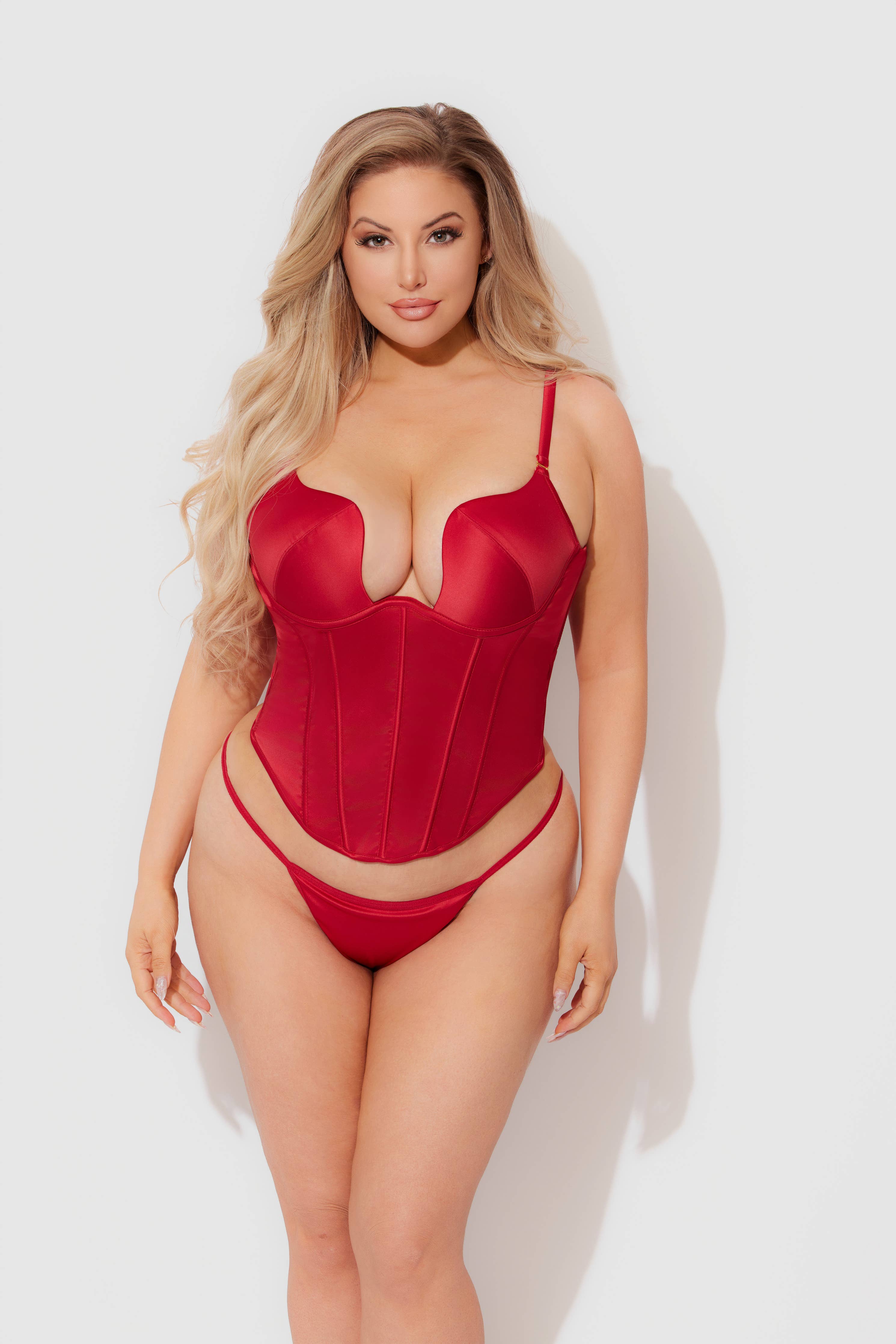 Brigeta Satin Plunge Push Up Bustier & G-String Set