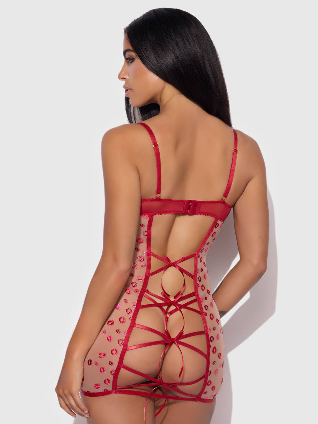 Angelina Lips Embroidery Bow Back Chemise Set