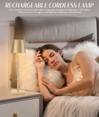 Rechargeable cordless gold LED bedside lamp creating a cosy nighttime glow. Features touch control dimming for adjustable brightness, ideal for bedrooms and relaxation spaces.