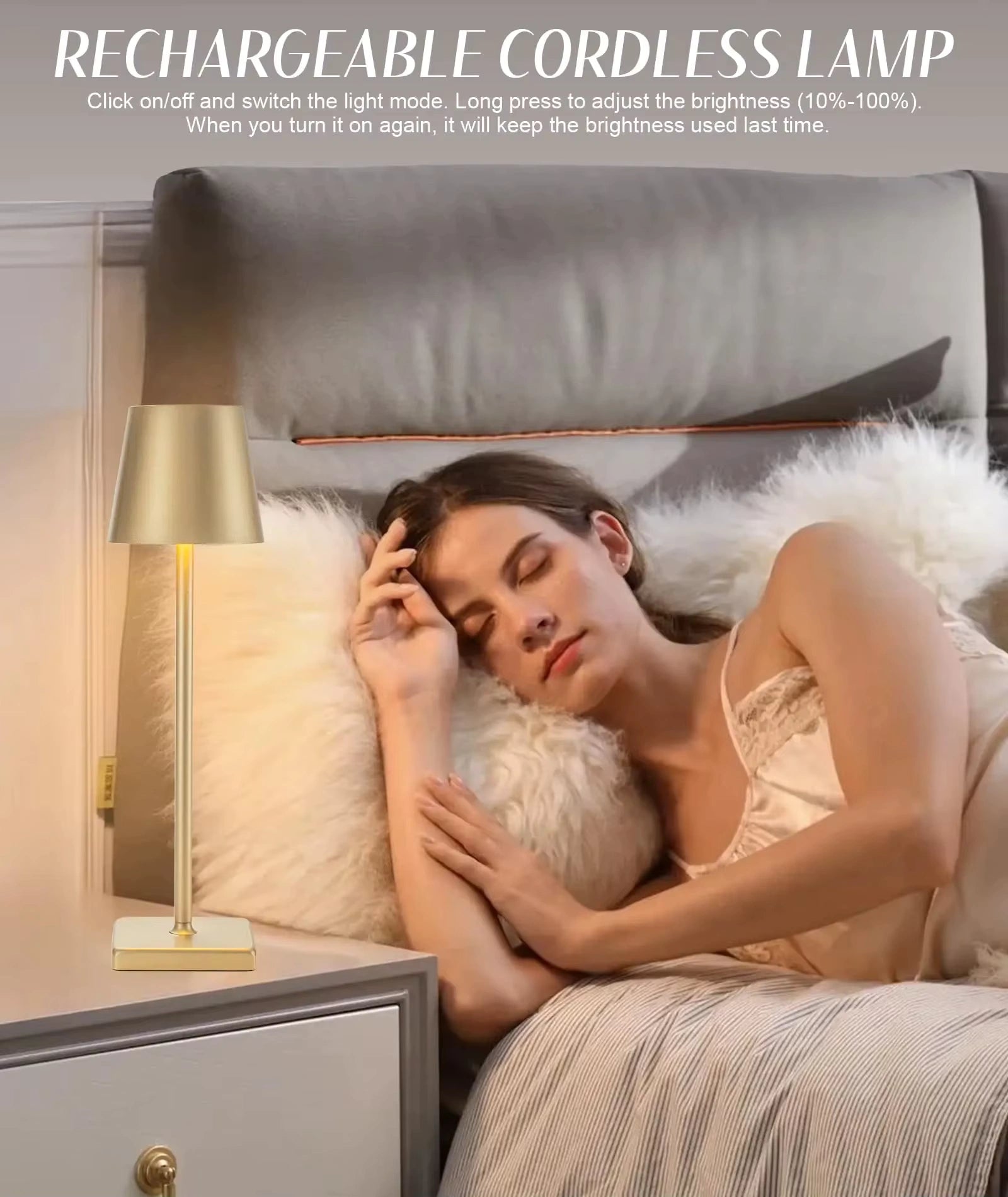 Rechargeable cordless gold LED bedside lamp creating a cosy nighttime glow. Features touch control dimming for adjustable brightness, ideal for bedrooms and relaxation spaces.