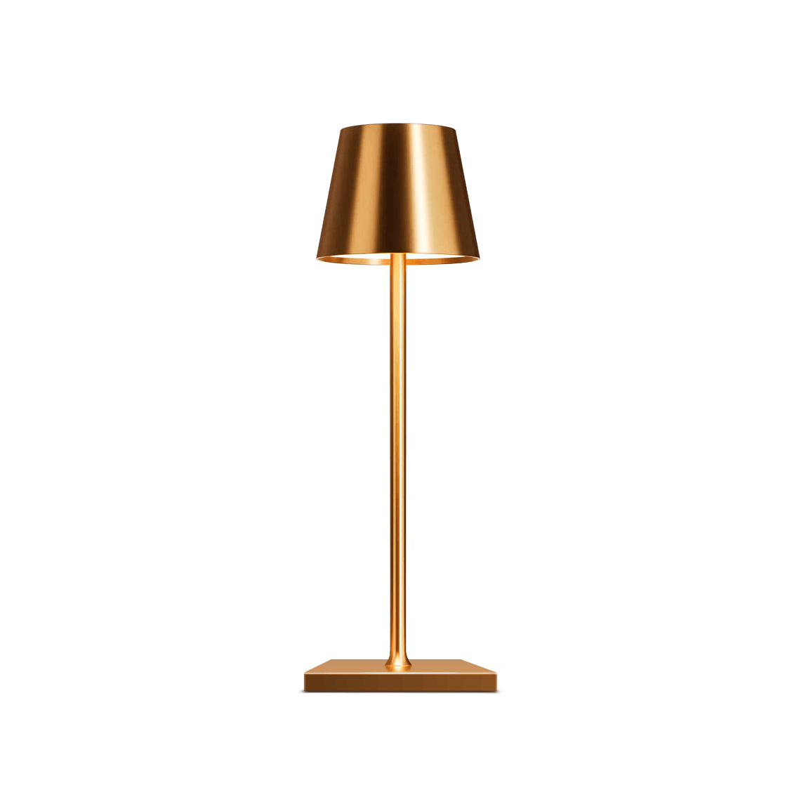 Sleek gold rechargeable LED table lamp with a minimalist design and metallic finish. Perfect for creating a warm glow in living rooms, bedrooms, and dining spaces. Wireless and dimmable for elegant modern interiors. Bellvian