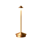 Sleek golden cordless LED table lamp with conical shade and slim design, ideal for stylish bedroom, living room, or café lighting.