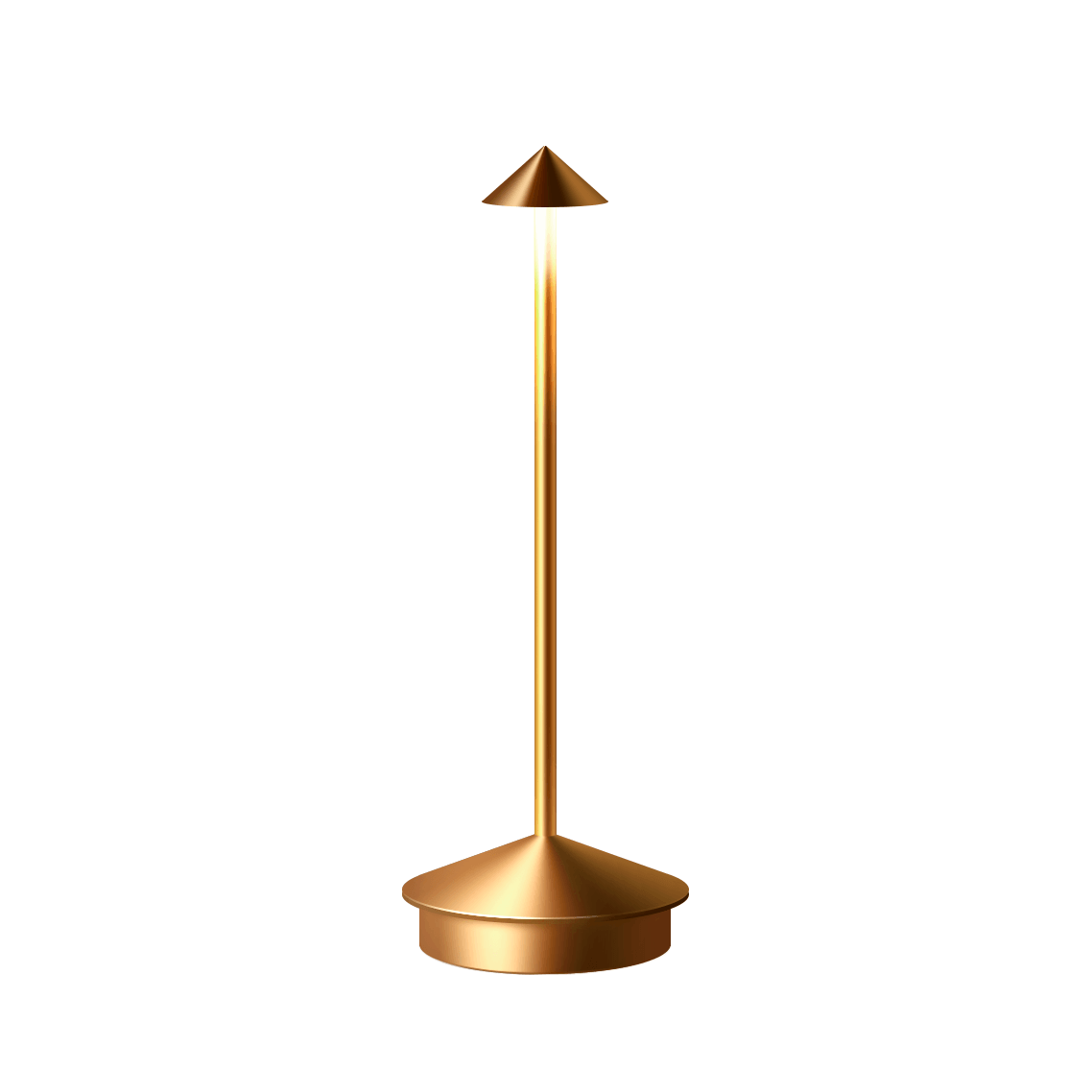 Sleek golden cordless LED table lamp with conical shade and slim design, ideal for stylish bedroom, living room, or café lighting.