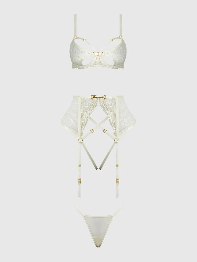 Bellvian™ Rosalie Lace Open-Cup Bra, Garter & G-String Set