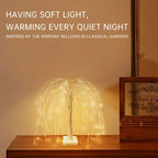 LED willow tree lamp on a wooden cabinet glowing with soft, golden lights. The text “Having soft light, warming every quiet night” emphasizes its gentle illumination inspired by classical garden aesthetics. Perfect for calm, warm interior spaces.