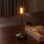Luxury gold LED table lamp with touch dimmer and elegant metallic finish. Perfect for home office, study, or hotel room decor. Provides warm ambient light with modern minimalist elegance — Bellvian.