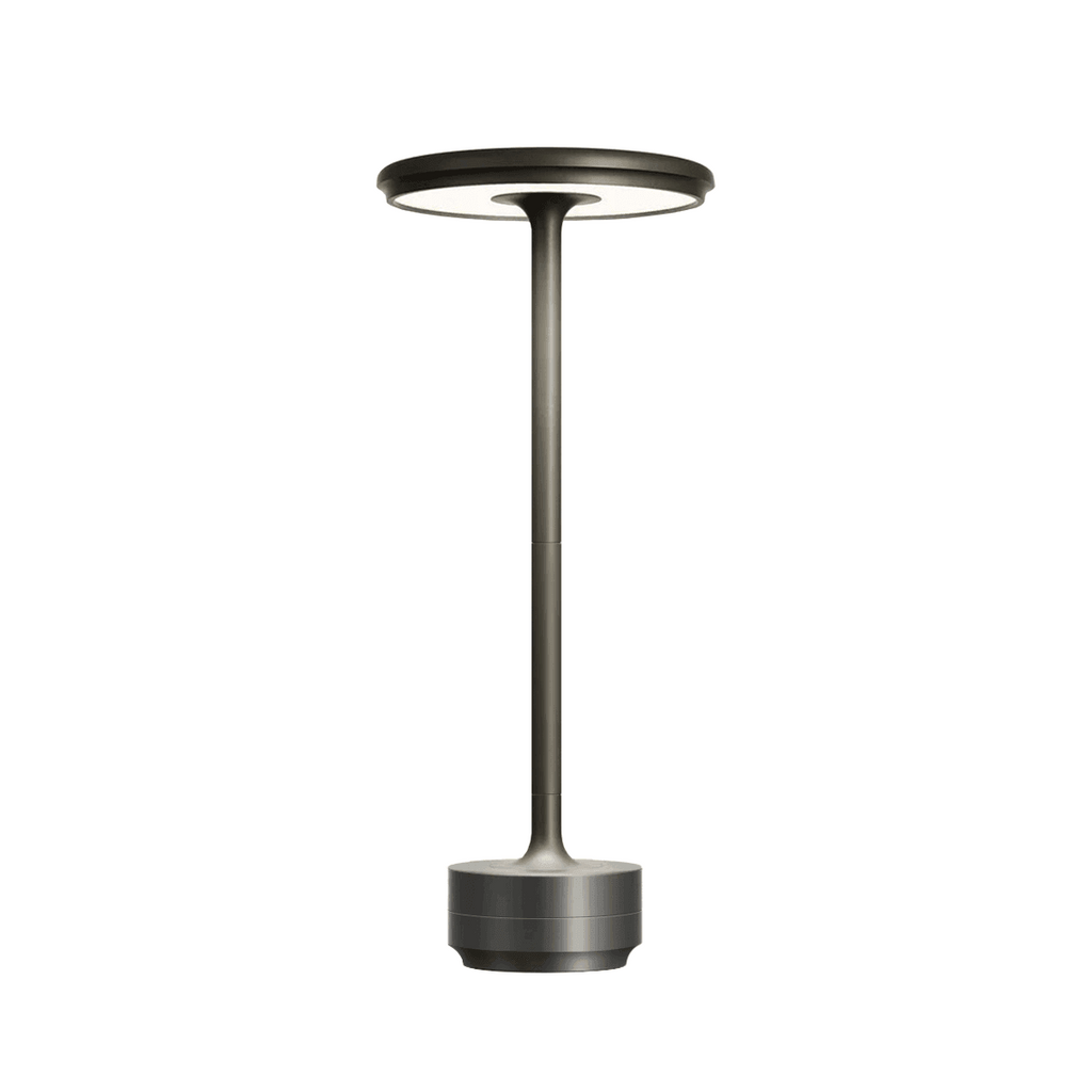 Modern black aluminum touch LED table lamp with minimalist circular head and slim metal body, placed on white background for clean presentation.