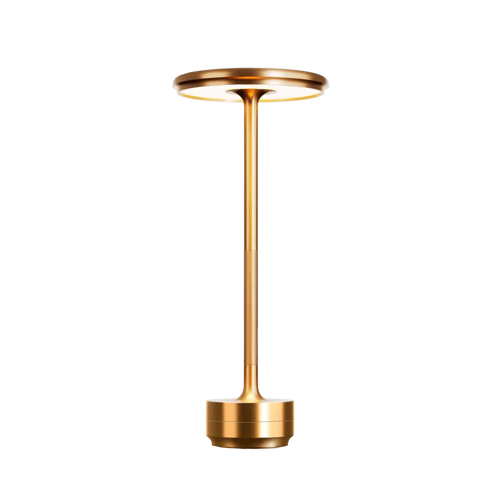 Modern aluminum touch LED table lamp in elegant gold color, minimalist design with circular head and slim stem, displayed on white background.