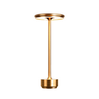Modern aluminum touch LED table lamp in elegant gold color, minimalist design with circular head and slim stem, displayed on white background.
