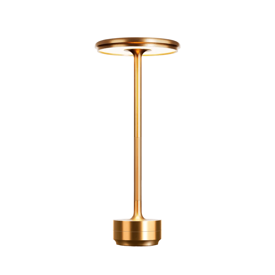 Modern aluminum touch LED table lamp in elegant gold color, minimalist design with circular head and slim stem, displayed on white background.