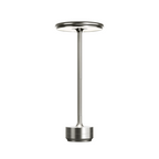 Modern silver aluminum touch LED table lamp featuring sleek circular head, slim cylindrical stand, and minimalist base, photographed on white background.