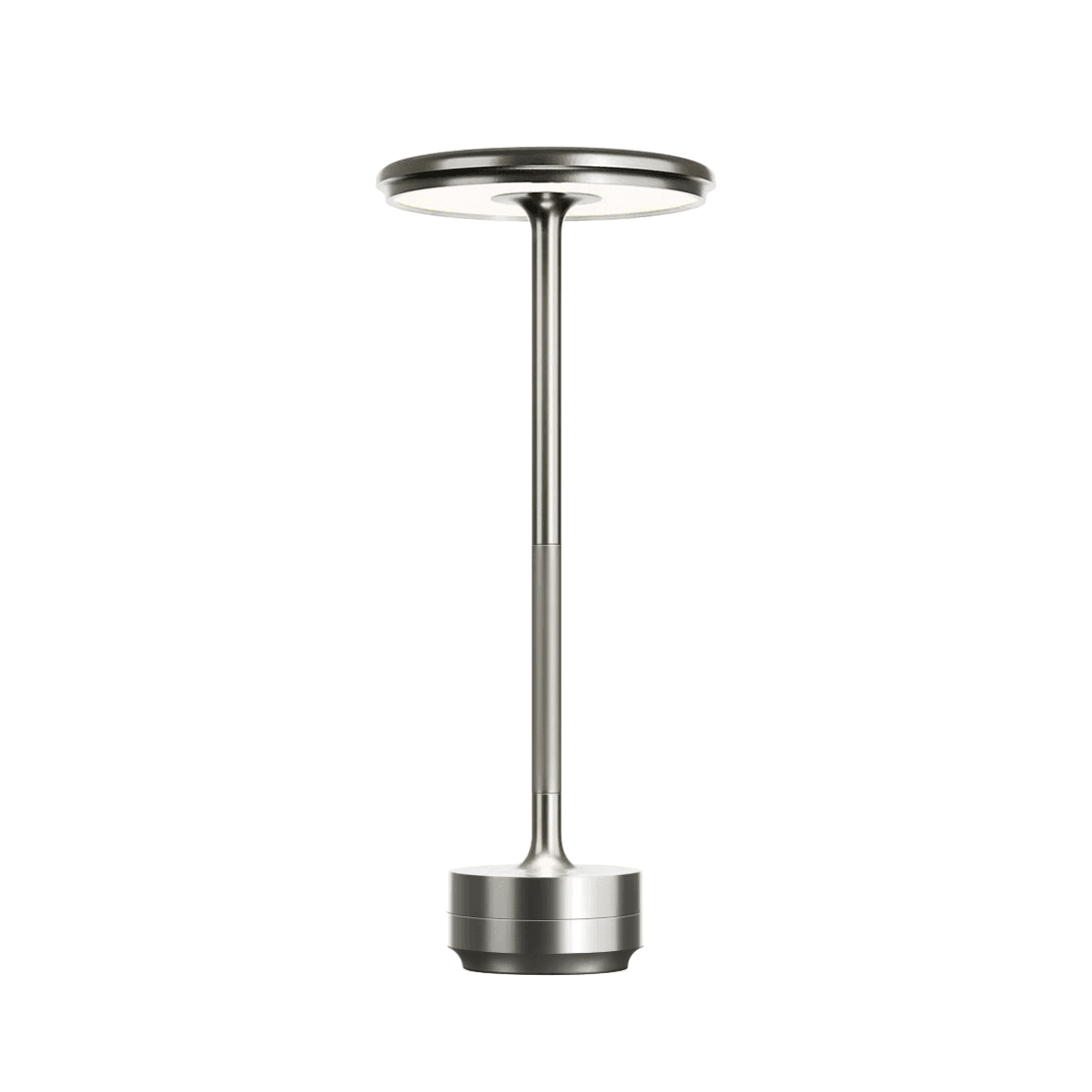 Modern silver aluminum touch LED table lamp featuring sleek circular head, slim cylindrical stand, and minimalist base, photographed on white background.
