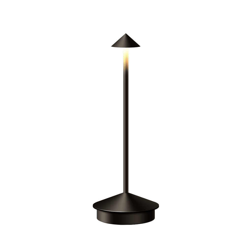 Minimalist cordless LED table lamp with cone-shaped top and slim metal body, perfect for modern interior lighting and home decor.