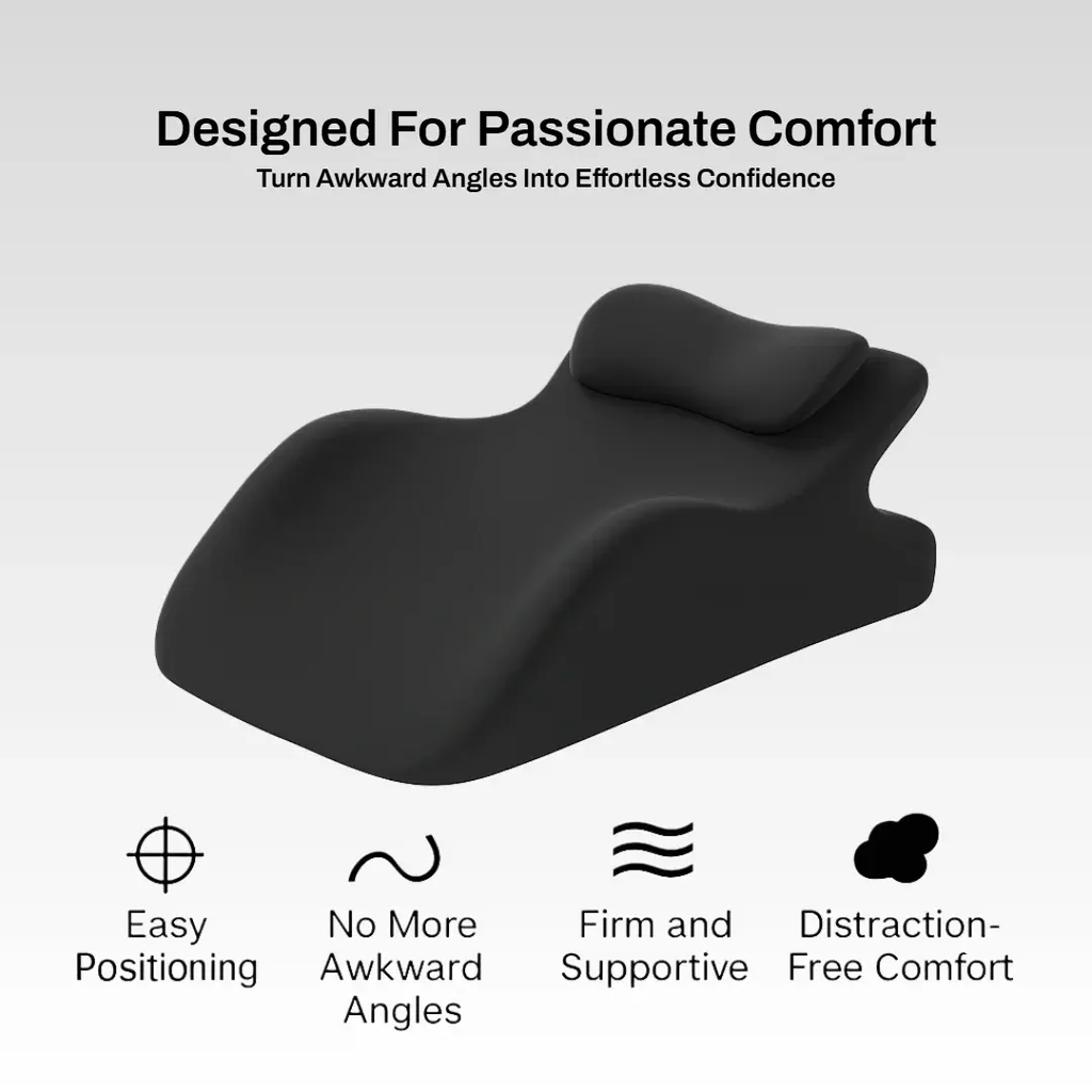 Bellvian™ Technical design of a black orthopedic wedge pillow showing firm neck support and effortless positioning angles.