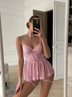 Pink lingerie babydoll styled in mirror selfie, soft and trendy sleepwear UK