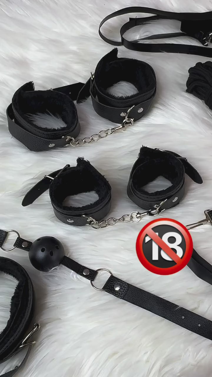 Bellvian™ black BDSM restraint set featuring luxury faux leather cuffs, bondage accessories and seductive couple play essentials for adults. Sexy black fetish accessory set with wrist restraints, rope and intimate roleplay accessories designed for romantic nights, luxury bedroom experiences and premium couple fantasy collections in the UK. Elegant black bondage-inspired accessories with aesthetic luxury design, sensual intimate play style and modern adult couple accessories.