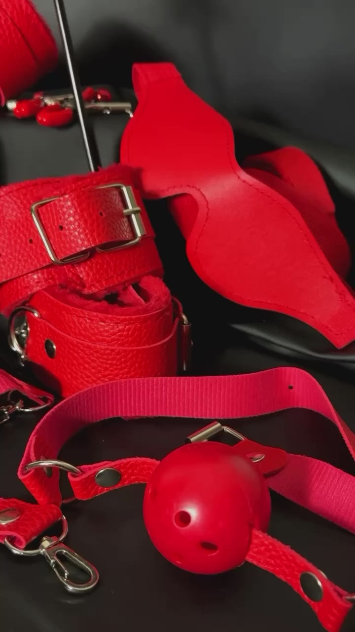 Bellvian™ red BDSM restraint set featuring luxury bondage accessories, leather-style cuffs, whip, blindfold and seductive couple play accessories for adults. Sexy red fetish lingerie accessories and premium bondage kit for couples, romantic bedroom roleplay, intimate date night accessories and luxury BDSM set UK. Erotic restraint cuffs and seductive adult accessories with aesthetic red leather look, sensual couple fantasy kit and luxury intimate play collection.
