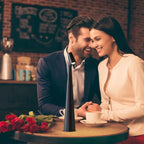 Romantic couple sitting at a café table softly lit by a black LED lamp, surrounded by a warm cozy atmosphere  ideal lighting for date nights and restaurants. Bellvian