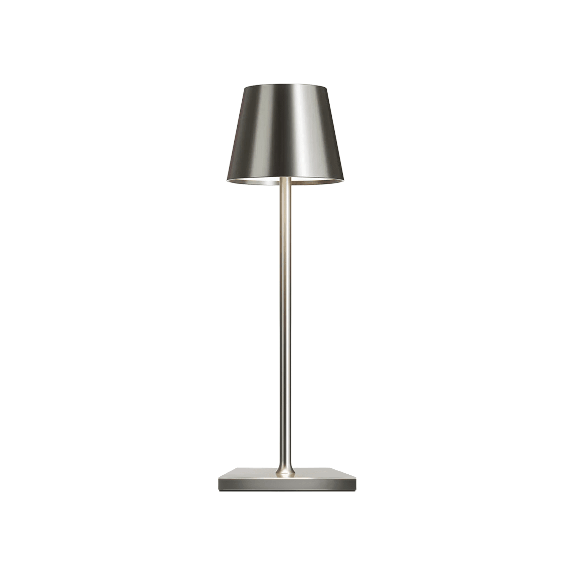 Contemporary silver LED table lamp with a polished metal shade and slim stand. Rechargeable and cordless, ideal for modern homes, restaurants, and offices. Provides soft, ambient illumination with adjustable brightness.