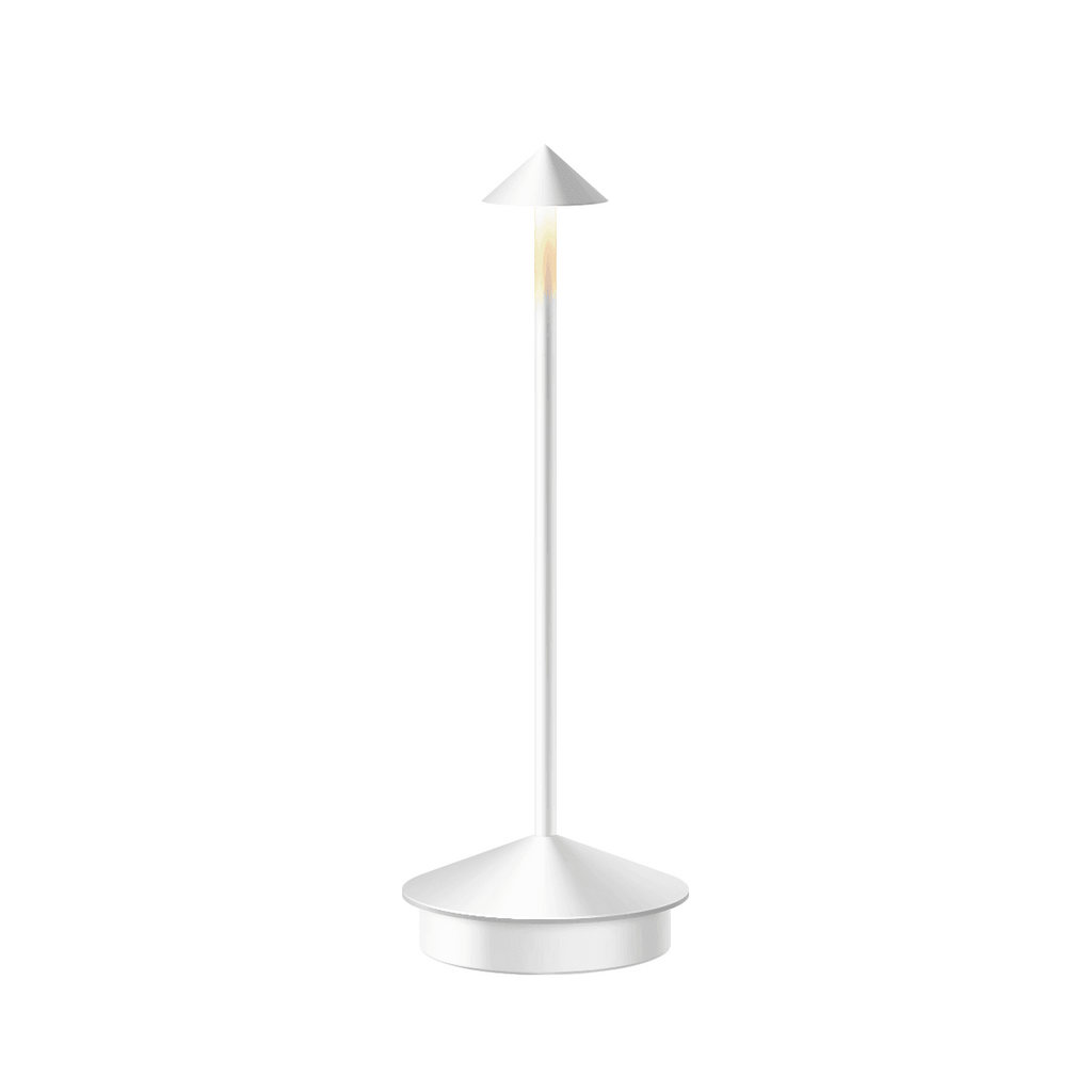White cordless LED table lamp with conical shade and slim stand, isolated on a plain background  modern minimalist lighting design for home or office decor.