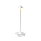 White cordless LED table lamp with conical shade and slim stand, isolated on a plain background  modern minimalist lighting design for home or office decor.
